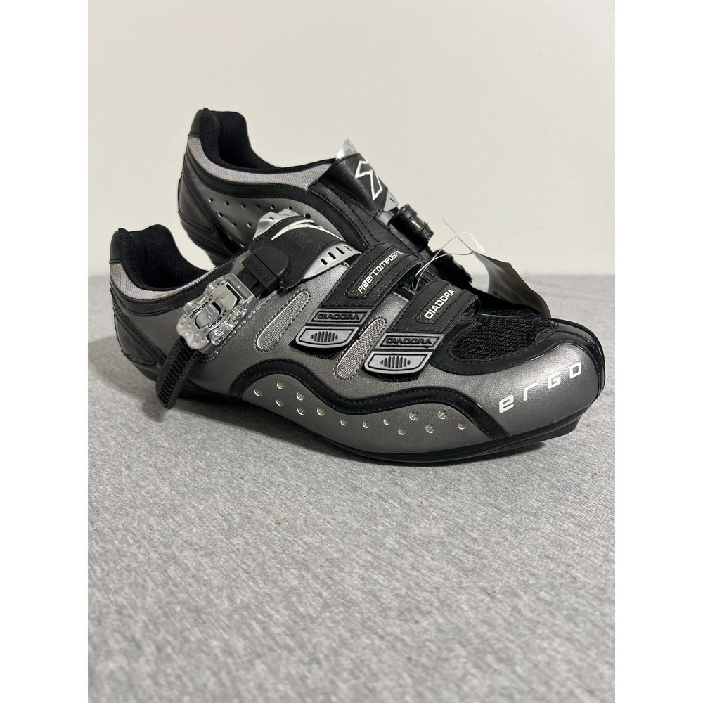 Diadora Ergo Road Cycling Shoes Micro CL Ratchet 3-Bolt Black Silver Composite‎
